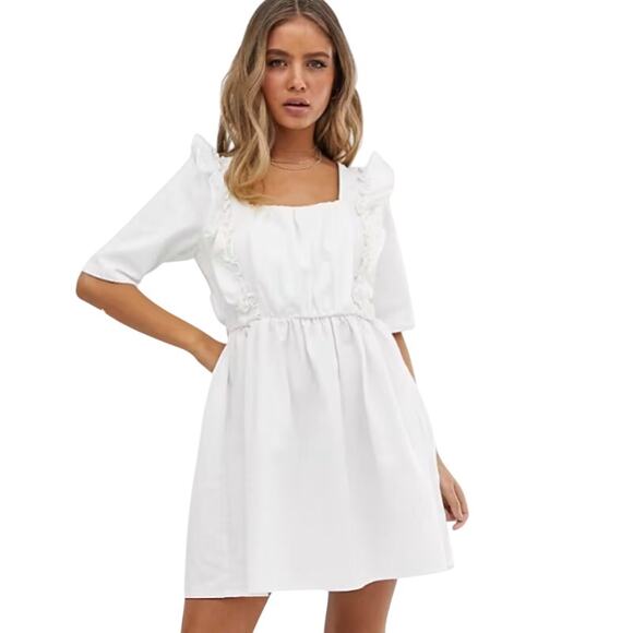 ASOS Design Denim Mini Dress Womens 14 White Square Neck Frill Smock Babydoll - Picture 2 of 13